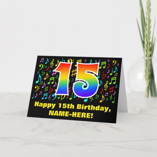 15th Birthday: Colourful Music Symbols & Rainbow 1 Card (Front)