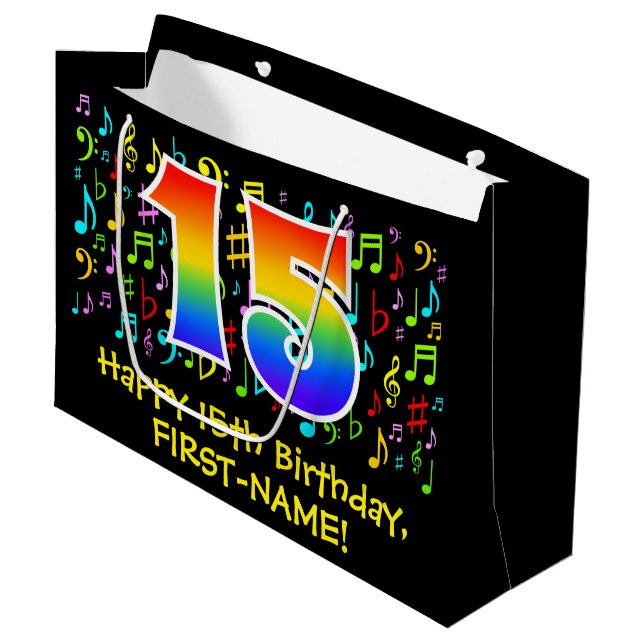 15th Birthday - Colourful Music Symbols, Rainbow 1 Large Gift Bag (Front Angled)