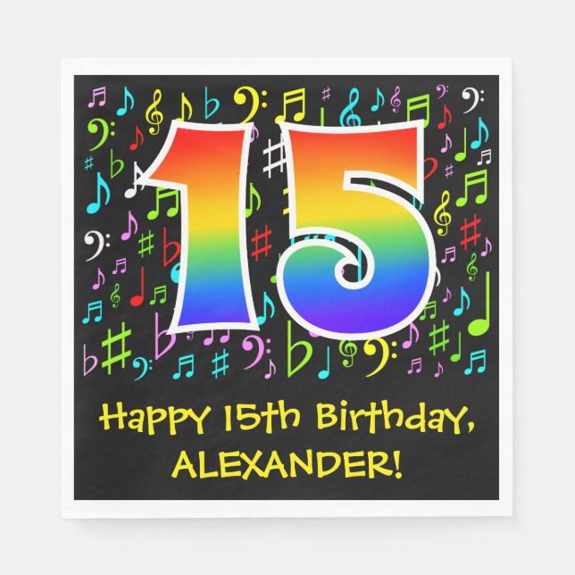15th Birthday - Colourful Music Symbols, Rainbow 1 Napkin (Front)