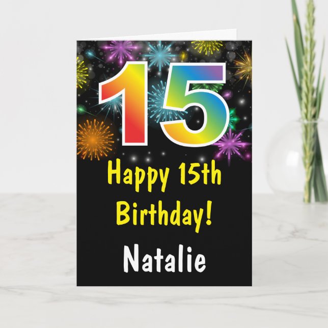 15th Birthday Colourful Rainbow Fireworks Card (Front)
