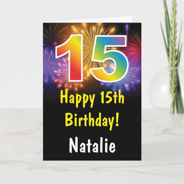 15th Birthday Colourful Rainbow Fireworks Card (Front)