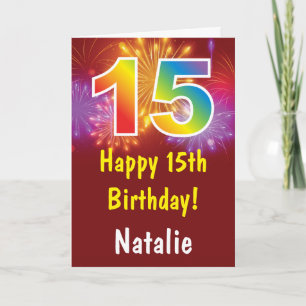 15th Birthday Colourful Rainbow Fireworks Red Card