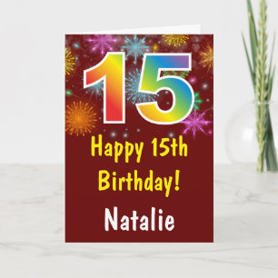 15th Birthday Colourful Rainbow Fireworks Red Card