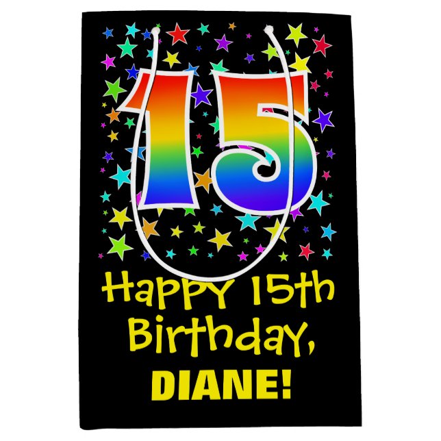 15th Birthday: Colourful Stars Pattern & Rainbow 1 Medium Gift Bag (Front)