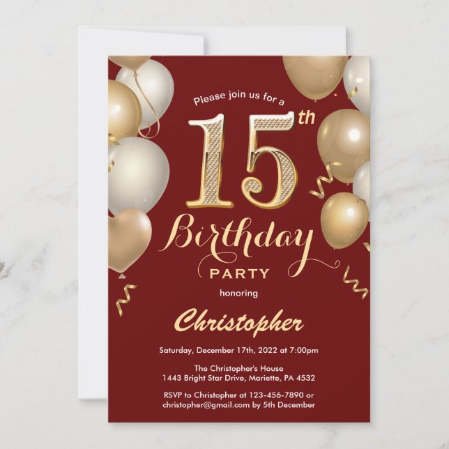 15th Birthday Dark Red and Gold Balloons Confetti Invitation (Front)