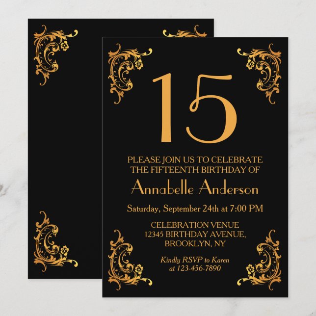 15th Birthday Elegant Gold Black Vintage Retro Invitation (Front/Back)