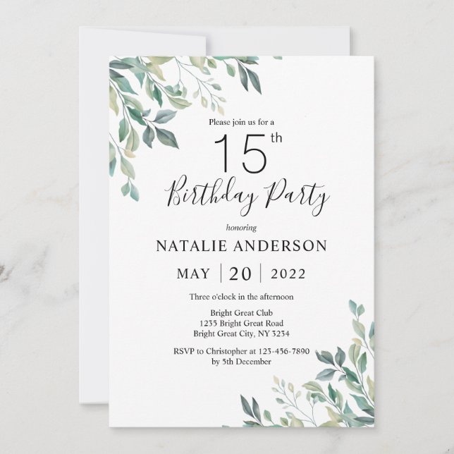 15th Birthday Elegant Green Eucalyptus Greenery Invitation (Front)