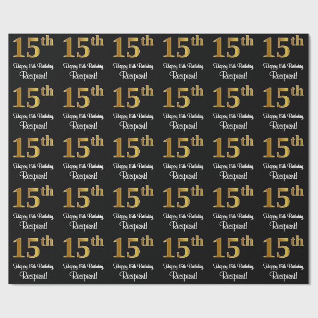 15th Birthday: Elegant Luxurious Faux Gold Look # Wrapping Paper (Flat)