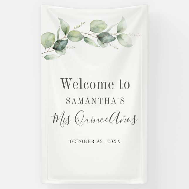 15th Birthday Eucalyptus Greenery Quinceanera Banner (Vertical)