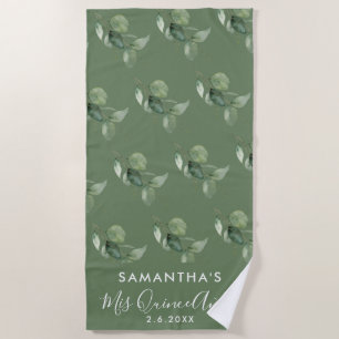 15th Birthday Eucalyptus Greenery Quinceanera Beach Towel