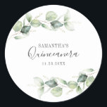 15th Birthday Eucalyptus Greenery Quinceanera Classic Round Sticker<br><div class="desc">TIP: Matching items available in this collection. Our botanical eucalyptus birthday collection features watercolor foliage and modern typography in dark grey text. Use the "Customise it" button to further re-arrange and format the style and placement of text. Could easily be repurpose for other special events like anniversaries, baby shower, birthday...</div>