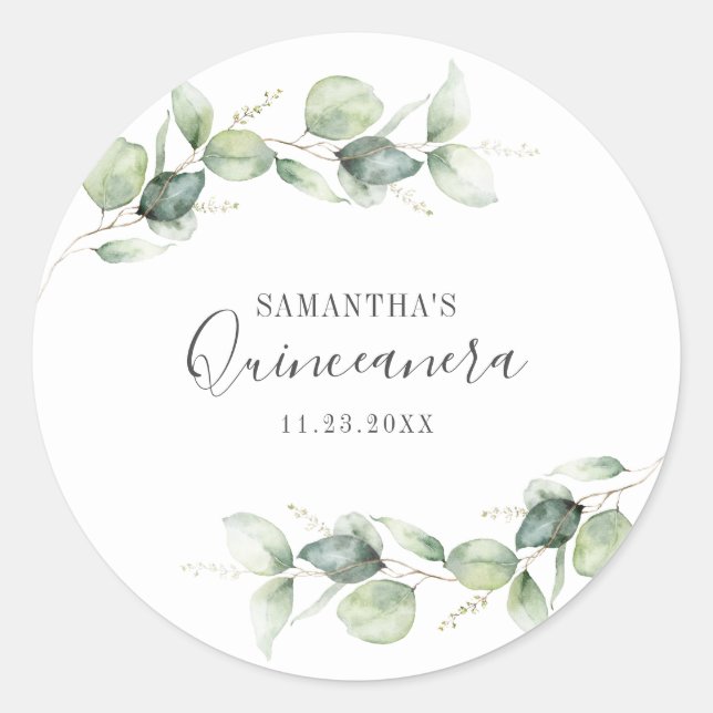 15th Birthday Eucalyptus Greenery Quinceanera Classic Round Sticker (Front)