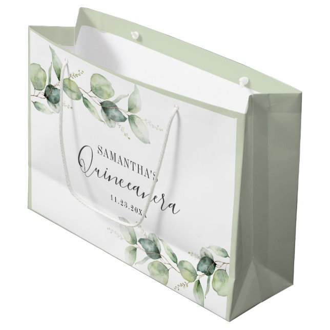 15th Birthday Eucalyptus Greenery Quinceanera Large Gift Bag (Front Angled)