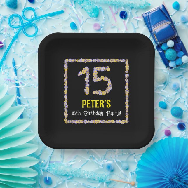 15th Birthday: Floral Flowers Number, Custom Name Paper Plate (Party)