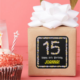 15th Birthday: Floral Flowers Number, Custom Name Square Sticker