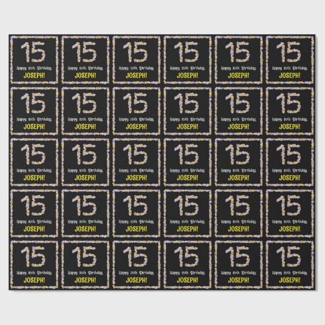 15th Birthday: Floral Flowers Number, Custom Name Wrapping Paper (Flat)