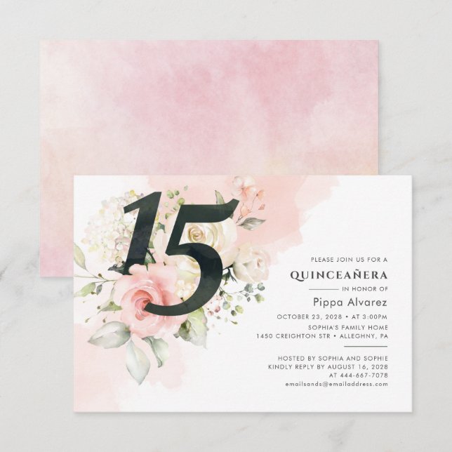 15th Birthday Floral Pink Quinceanera Botanical Invitation (Front/Back)