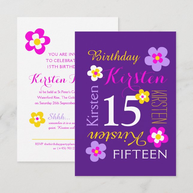 15th birthday flowers yellow pink purple surprise invitation (Front/Back)