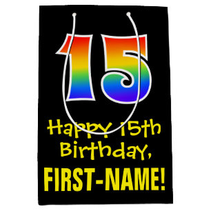 15th Birthday: Fun, Bold, Colourful, Rainbow "15" Medium Gift Bag