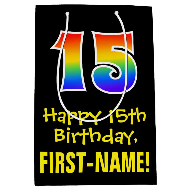 15th Birthday: Fun, Bold, Colourful, Rainbow "15" Medium Gift Bag (Front)