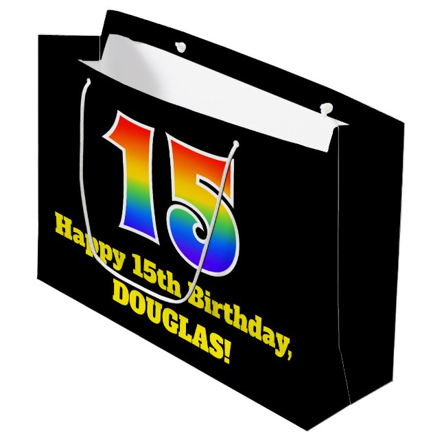 15th Birthday ~ Fun, Colourful, Vibrant, Rainbow 1 Large Gift Bag (Front Angled)