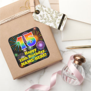 15th Birthday: Fun Fireworks Look, Rainbow # 15 Square Sticker