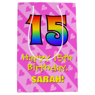 15th Birthday: Fun Pink Hearts Stripes; Rainbow 15 Medium Gift Bag