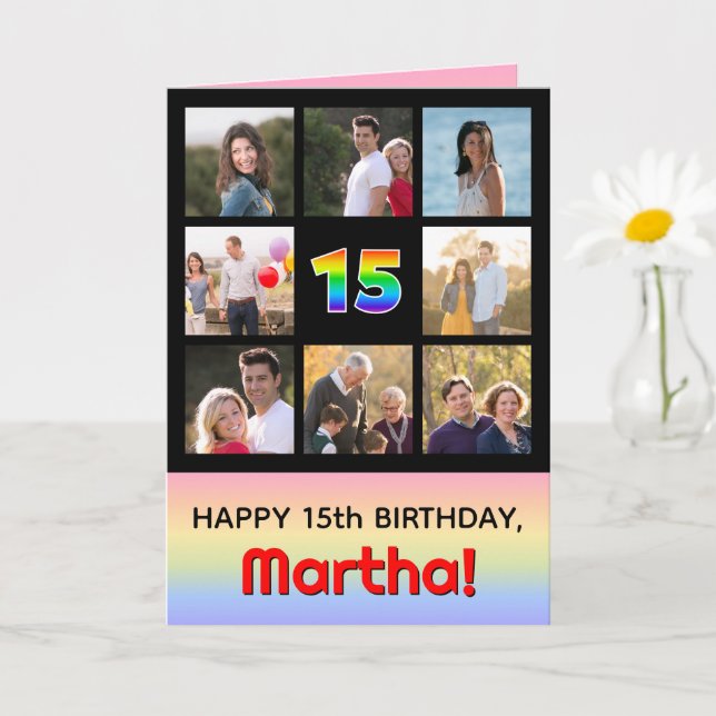 15th Birthday: Fun Rainbow #, Custom Photos + Name Card (Small Plant)