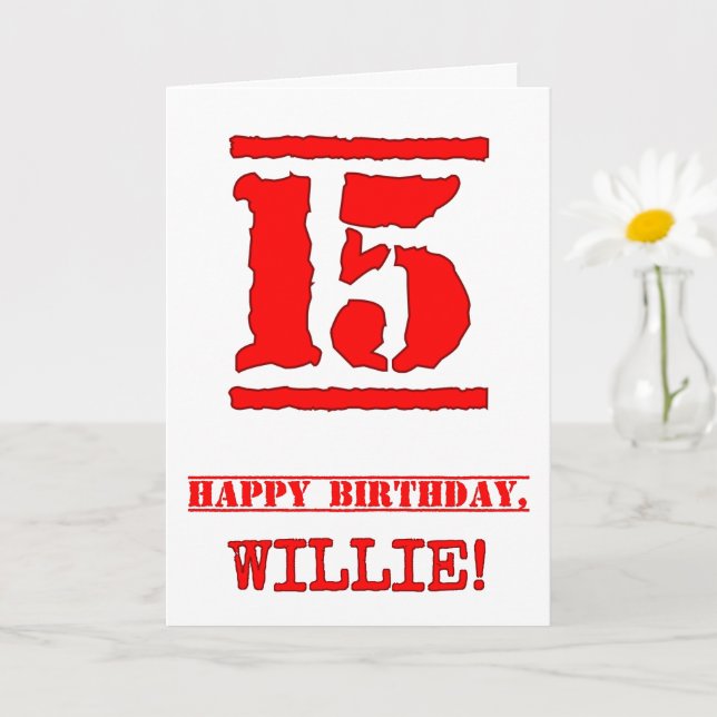 15th Birthday: Fun, Red Rubber Stamp Inspired Look Card (Small Plant)