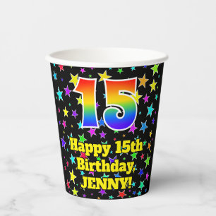 15th Birthday: Fun Stars Pattern and Rainbow 15 Paper Cups