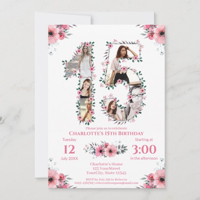15th Birthday Girl Photo Collage Pink Flower White Invitation (Front)