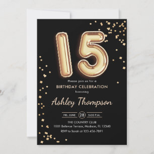 15th Birthday - Gold Balloons Black Invitation