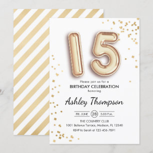 15th Birthday - Gold Balloons Invitation
