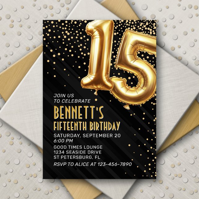 15th Birthday Gold Black Invitation (Creator Uploaded)