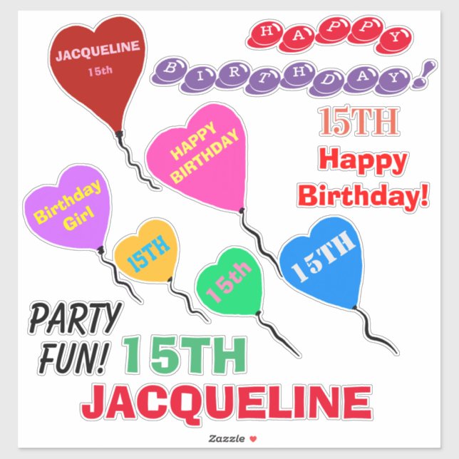 15th Birthday Heart Balloons Personalised Vinyl (Sheet)