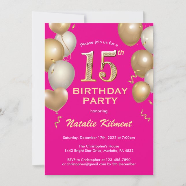 15th Birthday Hot Pink and Gold Glitter Balloons Invitation (Front)