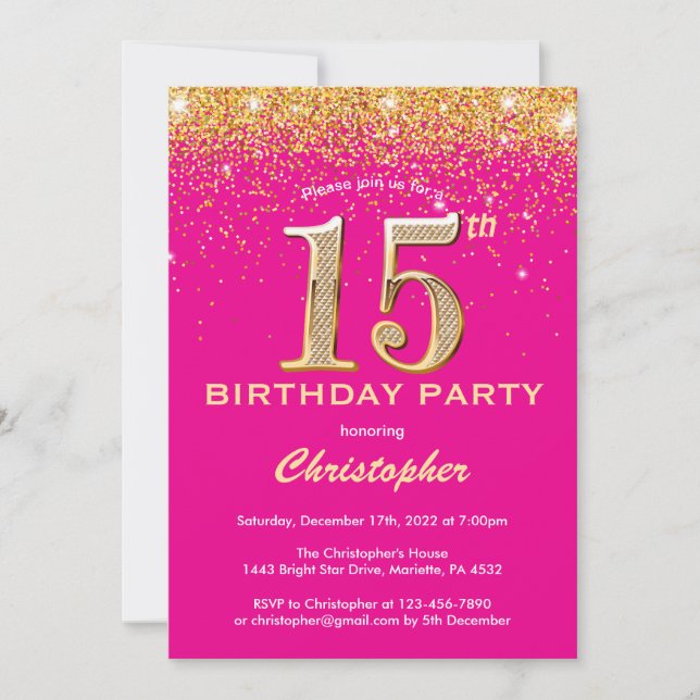 15th Birthday Hot Pink and Gold Glitter Confetti Invitation (Front)