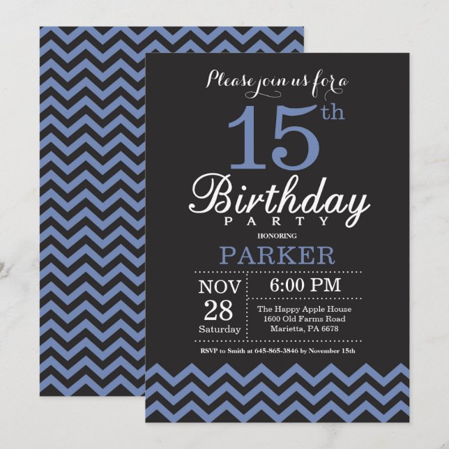 15th Birthday Invitation Black and Blue (Front/Back)