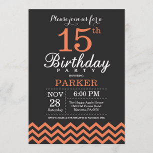 15th Birthday Invitation Black and Coral Chevron