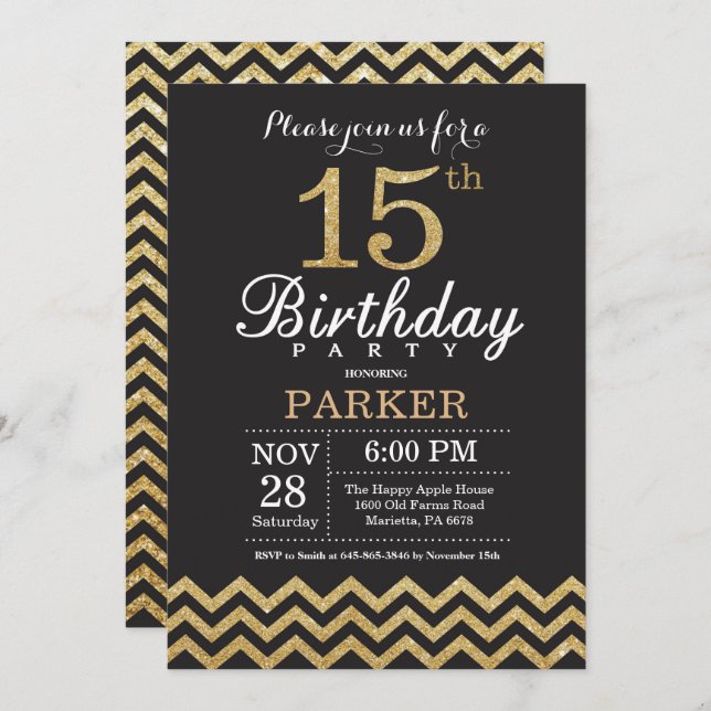 15th Birthday Invitation Black and Gold Glitter (Front/Back)