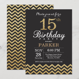 15th Birthday Invitation Black and Gold Glitter