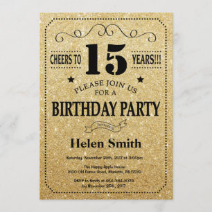 15th Birthday Invitation Black and Gold Glitter