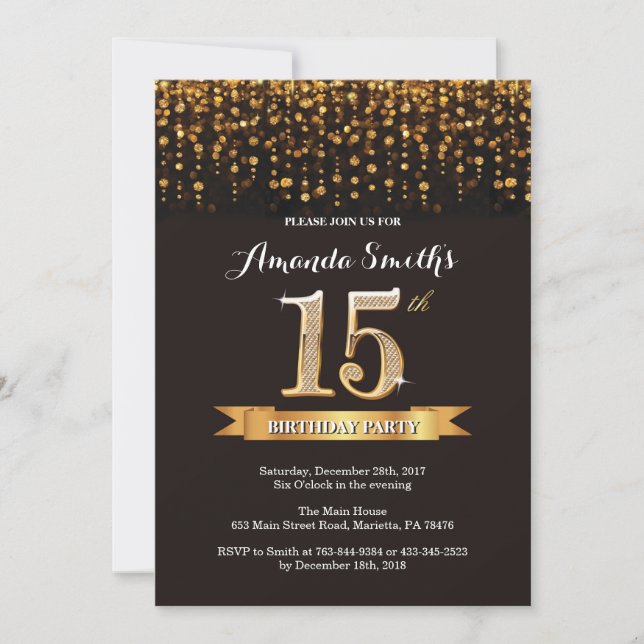 15th Birthday Invitation Black and Gold Glitter (Front)