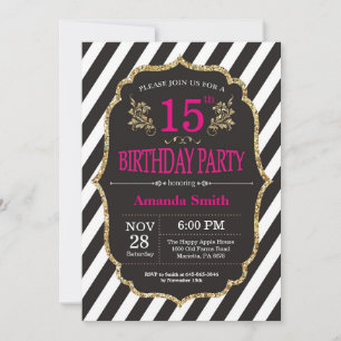 15th Birthday Invitation. Black and Gold Glitter Invitation