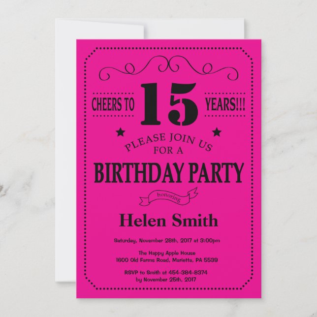 15th Birthday Invitation Black and Hot Pink (Front)