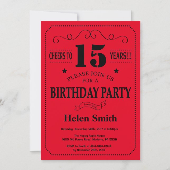 15th Birthday Invitation Black and Red (Front)