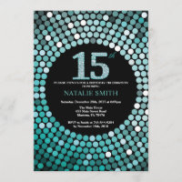15th Birthday Invitation Black and Teal Glitter