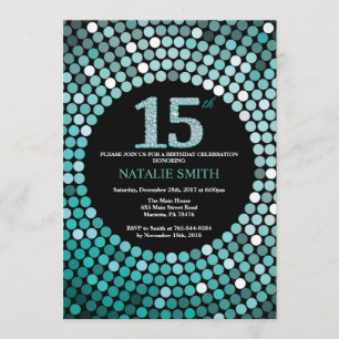 15th Birthday Invitation Black and Teal Glitter