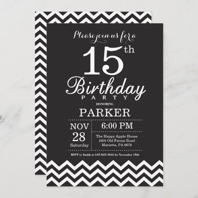 15th Birthday Invitation Black and White Chevron (Front/Back)