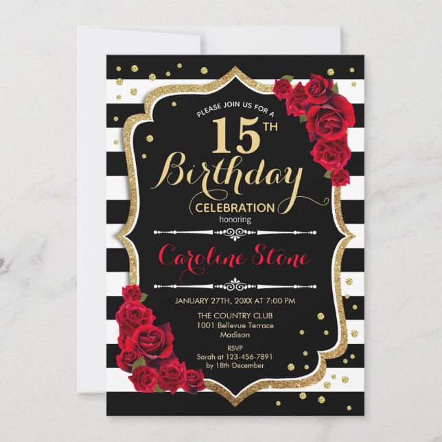 15th Birthday Invitation Black White Stripes Roses (Front)
